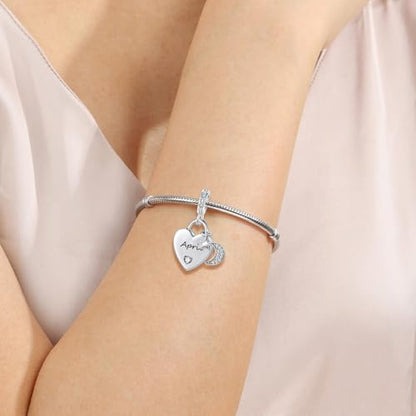 12 Months Birthstone Heart Charm Moon and Star Pendant Bead Compatible with Pandora Bracelet Women - style: April