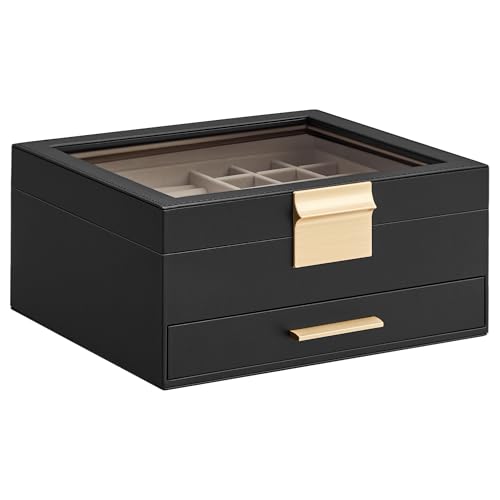 SONGMICS GISELLA Collection - Jewelry Box Organizer, 2-Layer Jewelry Storage with 1 Drawer, Shiny Metal Hardware, Glass Lid, Modern, 8 x 9.1 x 4.1 Inches, Ink Black and Gold Color UJBC174B01 - color: Ink Black + Gold, size: 2 Layer (8"d X 9.1"w)