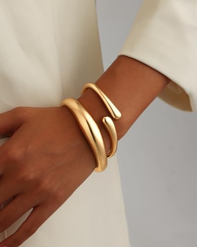 2pcs Gold Bangle Bracelets for Women, Trendy Hinged Cuff Open Wide Chunky Gold Bracelet Stack Arm Cuff Jewelry for Women - color: Gold Bangles