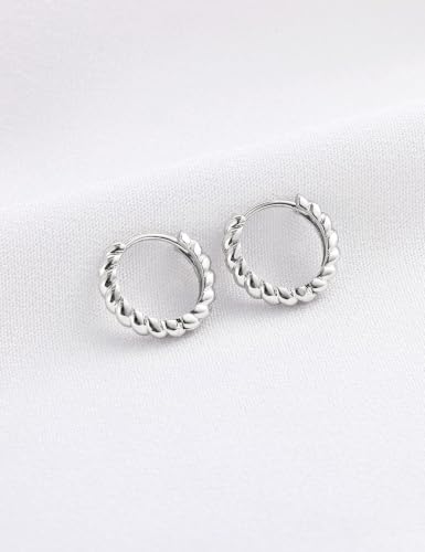 Fiusem 14K Gold Plated Huggie Hoop Earrings for Women | 8/10/12 Hypoallergenic Small Twisted beaded Huggie Earrings - color: Silver Twisted, size: 10MM