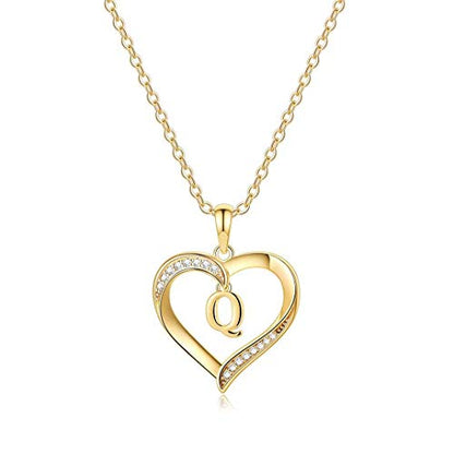 Yesteel Heart Initial Necklaces for Women, 14K Gold Plated Cubic Zirconia Heart Pendant Necklace, Dainty Initial Charm Necklace Letter A to Z Jewelry for Women Girls - style: Q
