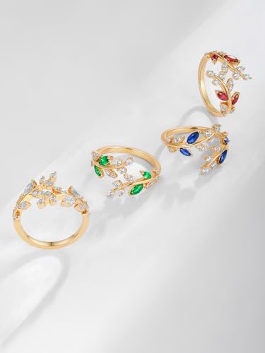 Silver Leaf Ring for Women 925 Sterling Silver Yellow Gold Plated CZ Inlaid Marquise Sapphire/Ruby/Emerald Cocktail Rings Size 6 to 10 - color: Emerald - Gold