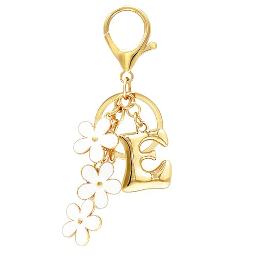 Floral Series Initial Bag Charm, Cute Flower & Bubble Letter Purse Charms, Keychain Accessories Gift for Women - color: White Flower, style: E