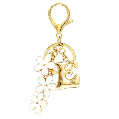 Floral Series Initial Bag Charm, Cute Flower & Bubble Letter Purse Charms, Keychain Accessories Gift for Women - color: White Flower, style: E