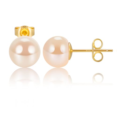 EAMTI Pearl Earrings for Women Trendy 18K Gold Plated Sterling Silver Freshwater Cultured Pearl Stud Earrings Hypoallergenic 5.5-9.5MM - color: Peach-pink, size: 7.6-8.5mm