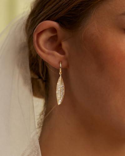 14K Gold Plated/Sterling Silver CZ Pearl Drop Dangle Earrings for Women - color: Gold-Leaf CZ