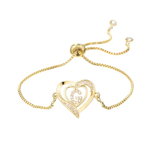14K White Gold Plated Initial Heart Bracelet for Women Zircon Inlay Heart Initial Charm Bracelets Adjustable Minimalist Jewelry - color: G-gold