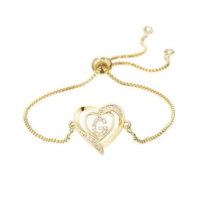 14K White Gold Plated Initial Heart Bracelet for Women Zircon Inlay Heart Initial Charm Bracelets Adjustable Minimalist Jewelry - color: G-gold