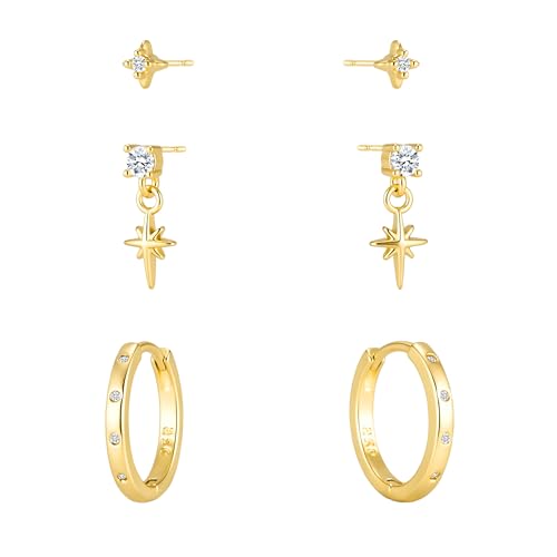 3 Pairs Earring Stacks, Gold Earring Set Jewelry Gift for Women | Small, 14K Gold/White Gold/Black/Rose Gold Plated, Hypoallergenic, Her, Everday, Stackable, Simple, 3 Holes - color: Gold-Polaris