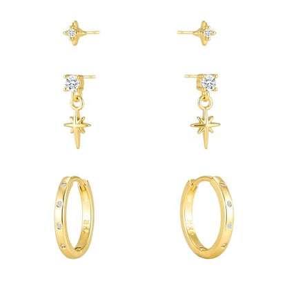 3 Pairs Earring Stacks, Gold Earring Set Jewelry Gift for Women | Small, 14K Gold/White Gold/Black/Rose Gold Plated, Hypoallergenic, Her, Everday, Stackable, Simple, 3 Holes - color: Gold-Polaris