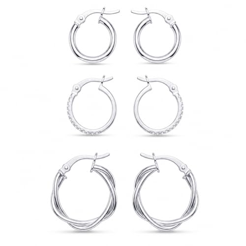 Charmsy Set of 3 Pairs 925 Sterling Silver Hoop Earrings for Women | Lightweight Italian 2.5mm Tube Diamond-Cut Classic Texured Click-Top Hoops Earring | Size 12/13/15/18/20/25mm - color: Tri-PAIR-13/15/20mm
