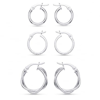Charmsy Set of 3 Pairs 925 Sterling Silver Hoop Earrings for Women | Lightweight Italian 2.5mm Tube Diamond-Cut Classic Texured Click-Top Hoops Earring | Size 12/13/15/18/20/25mm - color: Tri-PAIR-13/15/20mm