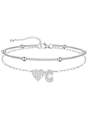 U7 Heart Initial Ankle Bracelets for Women Waterproof, Silver/14K Gold Plated Anklets CZ Initial Heart Anklets Stainless Steel Summer Beach Ankle Adjustable 8.5"-10.5" - color: Silver