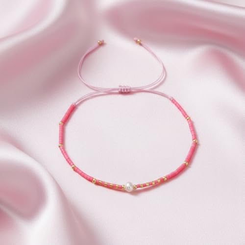 Boho Colorful Glass Gold Plated Seed Beaded Bracelets or Women, Handmade Romantic Freshwater Pearl Adjustable String Braided Rope Jewelry, Summer Beach Daily Party Friendship Gift - color: Pink