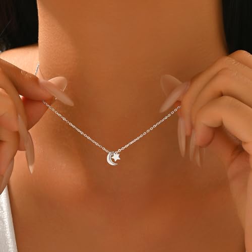 925 Sterling Silver Dainty Moon Star Necklace For Womem | 14k Gold Plated Charm Crescent Moon and Star Pendant Choker Necklaces to Daughter Mother Jewelry Gift for Birthday Wedding - color: Silver