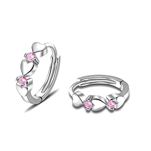 CiNily 14K White Gold Plated Small Hoop Earrings for Women Girls Heart Cubic Zirconia Hypoallergenic Earrings - color: Silver-pink