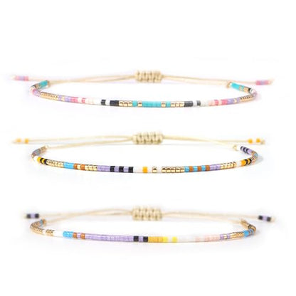 Seed Beaded String Rope Adjustable Bracelets Set for Women Men, Small Colorful Boho Rice 3Pcs Stack Handmade Thin Jewelry, Daily Beach Vacation Friendship Gift - color: Purple Yellow E