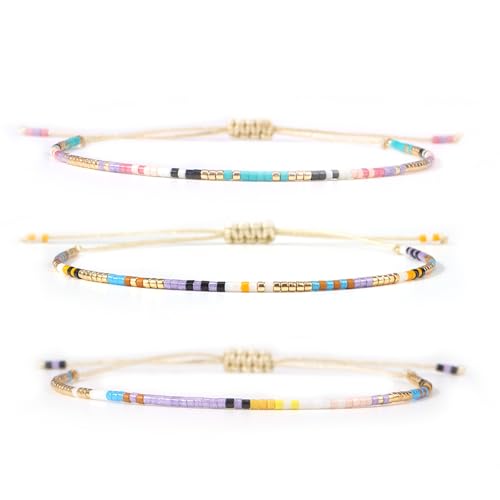 Seed Beaded String Rope Adjustable Bracelets Set for Women Men, Small Colorful Boho Rice 3Pcs Stack Handmade Thin Jewelry, Daily Beach Vacation Friendship Gift - color: Purple Yellow E