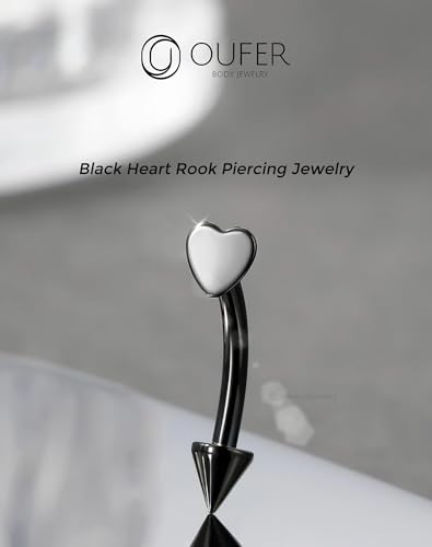 OUFER Rook Piercing Jewelry, G23 Solid Titanium Eyebrow Rings, Heart Vertical Labret Lip Jewelry, 16G Curved Barbells, Daith Rook Earrings for Women Men - color: Black Heart, size: 16G 8mm