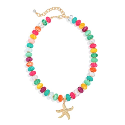Chunky Beads Necklace for Women Trendy Gold Puffy Heart Choker Necklace Colorful Resin Beaded Heart Pendant Necklaces Statement Jewelry - color: 14MM Disc starfish Bead-Colorful