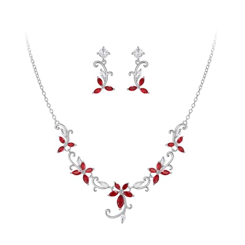 Crysdue Flower Leaf Wedding Jewelry Set for Bridal Bridemaid, Cubic Zirconia Teardrop Elegant Silver/14K/Rose Gold Plated Vine Necklace Dangle Earrings for Prom Party - style: A_Red
