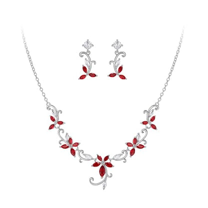 Crysdue Flower Leaf Wedding Jewelry Set for Bridal Bridemaid, Cubic Zirconia Teardrop Elegant Silver/14K/Rose Gold Plated Vine Necklace Dangle Earrings for Prom Party - style: A_Red