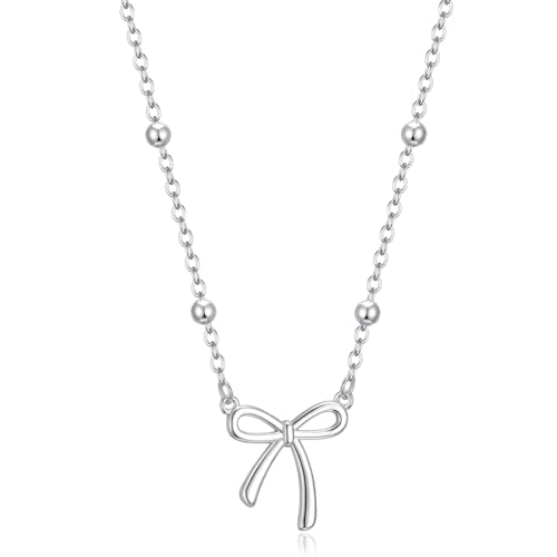 Thaivor Necklace for Women Dainty Bow Necklace 14K Gold Plated Cute Choker Small Pendant Charm Necklaces Teen Gift Trendy Stuff Personalized Jewelry Gifts - color: Silver-Bead-1