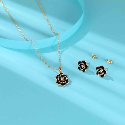 EVEVIC Dainty Flower Pendant Necklace Earrings for Women 14K Gold Plated Hypoallergenic Jewelry Sets - color: Black /Rose Gold-tone