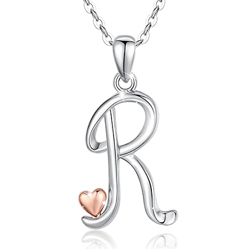 CELESTIA 925 Sterling Silver Initial Necklaces 26 Letter with Rose Gold Heart - 18 Inch Chain - color: R-Initial