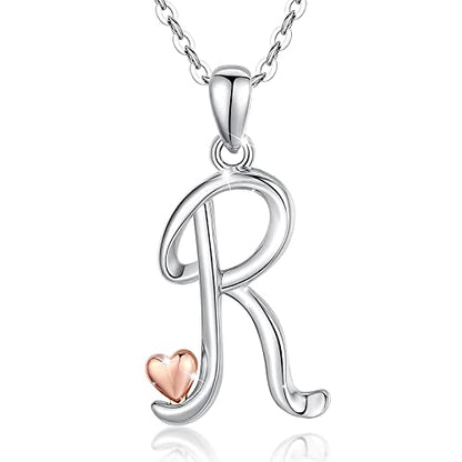 CELESTIA 925 Sterling Silver Initial Necklaces 26 Letter with Rose Gold Heart - 18 Inch Chain - color: R-Initial