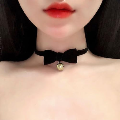 Bow Necklace for Women Dainty Velvet Ribbon Choker Necklaces Red Black Bow Choker Pearl Bell Heart Pendant Necklace Winter Holiday Necklace Cute Bow Knot Necklace for Christmas New Year Gifts - color: Gold bell