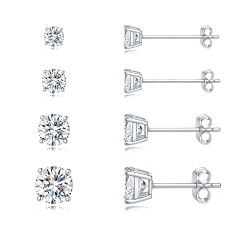 Gold Stud Earring Set for Women Men, Round CZ Earrings Hypoallergenic | 925 Silver Post , 4 Holes Small Studs Earrings Multiple Piercing Cartilage Tragus Trendy Post Cute Earrings Stacks Jewelry - color: White gold