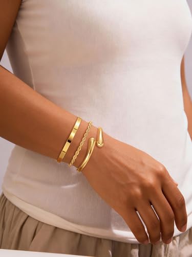 14K Gold Plated Stackable Bangle Bracelets for Women | Dainty Cuff Bracelets, Stackable for Women, Waterproof Bracelet Stack, Gold Jewelry Gifts Trendy Adjustable Accessories - color: 3-layer-H-Gold