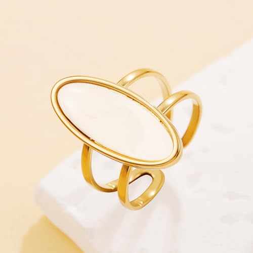 OIDIMS Fashion Geometric Oval Statement Ring for Women Gold-Tone Stainless Steel Dainty Faux Gemstone Adjustable Open Wedding Band Boho Trendy Comfirm Fit Wrap Finger Rings Cocktail Party Jewelry - color: White