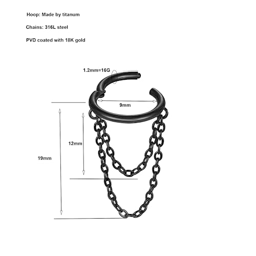 16G Titanium Cartilage Earrings Hoop 7mm 9mm Helix Piercing Jewelry with Single/Double/Triple Chains Hypoallergenic Hinged Clicker - style: black 2 chains 9mm