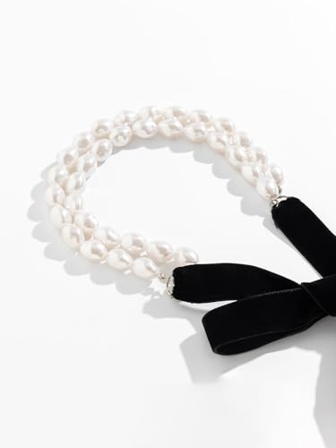 Double-layered Pearl Choker for Women Boho Pearl Bow Choker Necklace Black Velvet Long Ribbon Bow Collarbone Chain Vintage Beaded Choker Necklace Birthday Party Jewelry Christmas Gift