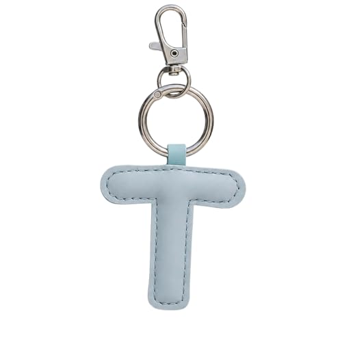 Initial Letter Keychain,Stainless Steel,Colorful Faux Leather Keyring for Backpack,Purse,Car Keys,Gift for Men Women - color: T
