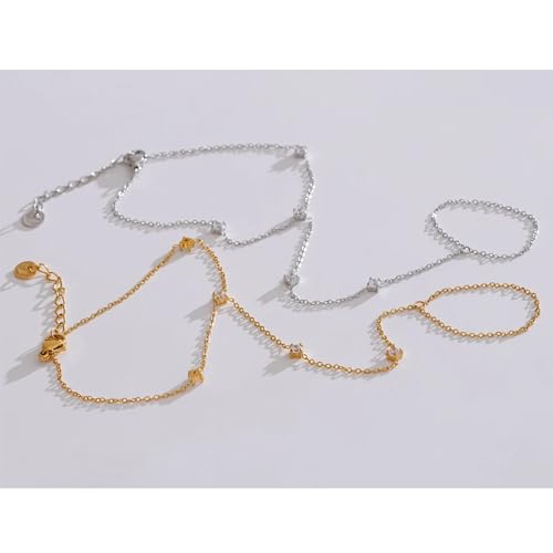 Mchic Hand Chain Tennis Bracelets for Women Trendy: Dainty Diamond Beaded Bracelet 14K Gold Plated/Silver Finger Ring Bracelet Hand Chain Jewelry Adjustable Sparkly Prom Bracelets - color: small CZ hand chain silver