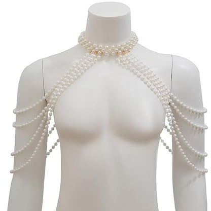 Summer Multi-layered Pearl Shoulder & Body Chain Jewelry - Festival & Rave Pearl Neck & Arm Chain - Sexy Bridal & Wedding Jewelry for Women