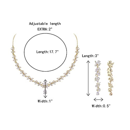 Crysdue Women's Wedding Bridal Jewelry Set for Brides Bridesmaids Cubic Zirconia Flower Leaf Vine Necklace Dangle Earrings for Prom Party - style: 14-gold