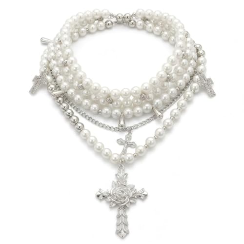 Layered Faux Pearl Cross Choker Necklace for Women, Silver-Tone | Zinc alloy stacked gothic jewelry, adjustable extended chain, vintage Y2K emo punk style accessories