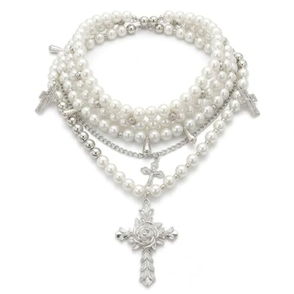 Layered Faux Pearl Cross Choker Necklace for Women, Silver-Tone | Zinc alloy stacked gothic jewelry, adjustable extended chain, vintage Y2K emo punk style accessories
