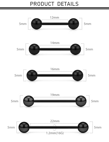 16G 14G 12G Black Nipple Piercings Tongue Rings Externally/Internally Threaded Hypoallergenic 316L Surgical Steel Nipple Tongue Barbell Piercing Jewelry for Women Men 12mm 14mm 16mm 19mm 22mm - color: 16G/Externally Threaded/12mm-22mm Bars/5mm Balls