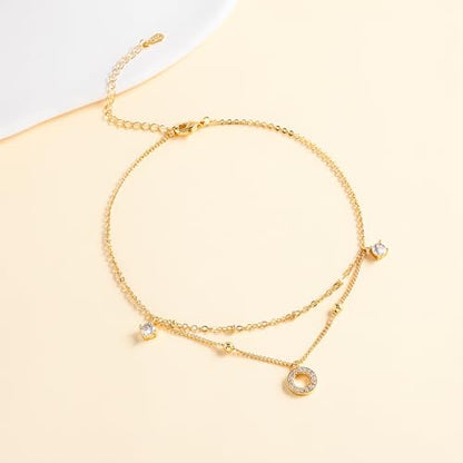 Sterling Silver Ankle Bracelets for Women 14k Gold Plated Waterproof Layered Stackable CZ Charm Non Tarnish Adjustable Anklet for Summer Beach Birthday Jewelry Gift - color: gold E