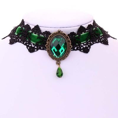 CSIYANJRY99 Gothic Choker Necklace for Women Halloween Red Crystal Vampire Choker Steampunk Lace Choker Witch Costume Accessories - style: Green