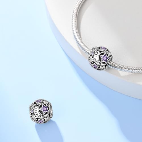 Star Moon 925 Sterling Silver Birthstone Charm for Bracelet Women Jewelry - color: February