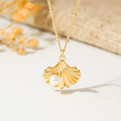 MTMY Gold Starfish Necklace 14K Gold Plated Shell Conch Ocean Pendant Necklace for Women Beach Summer Jewelry - style: pearl shell