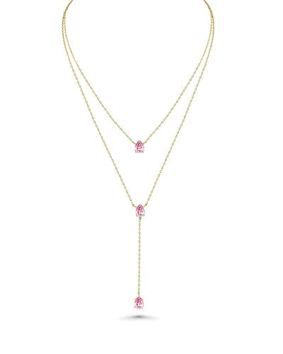 SNGIA Long 18K Gold Plated Blue Green Red Layered Pendant Necklace For Women (Emerald, Ruby, Seafoam, Sky, Sapphire, Pink), Dainty Birthstone Necklace, Statement Necklace Jewelry Gifts. - style: Rose