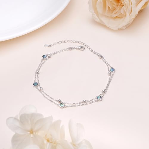 Flyow Anklet for Women S925 Sterling Silver Adjustable Foot Beaded Heart Charm Ankle Bracelet Anklets Jewelry - style: Abalone Shell