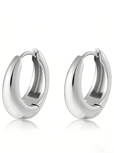 Chunky Small Hoop Earrings for Women 14mm/16mm/19mm Stainless Steel Huggie Earrings Everyday Jewelry Gift for Wife Mom, with Gift Box - color: Silver 19mm